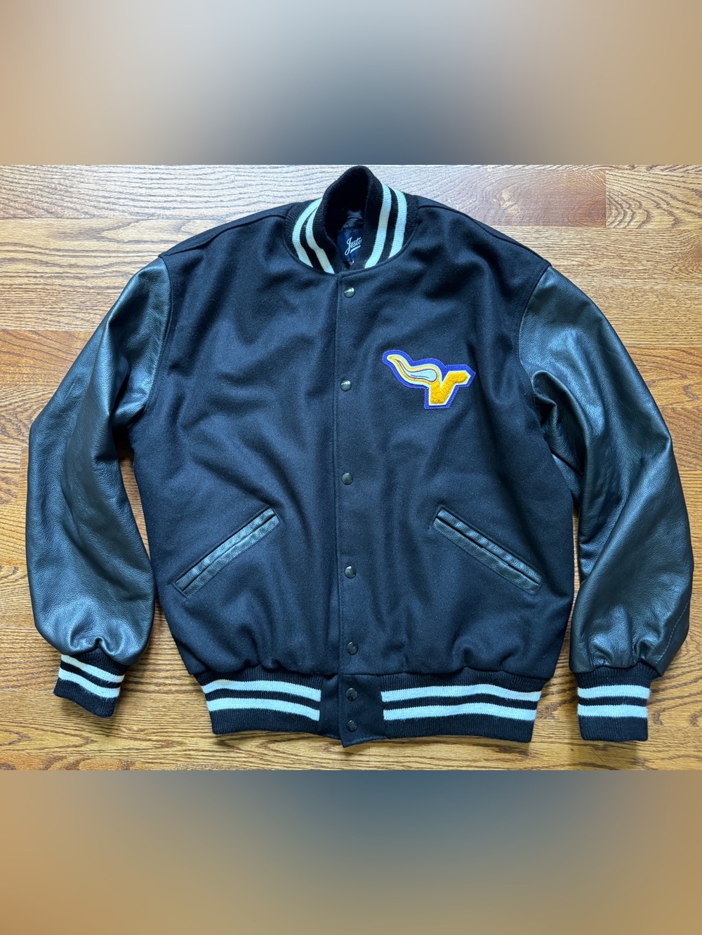 Jostens Men’s L Black Wool Leather Varsity Letterman Jacket V Horn Patch